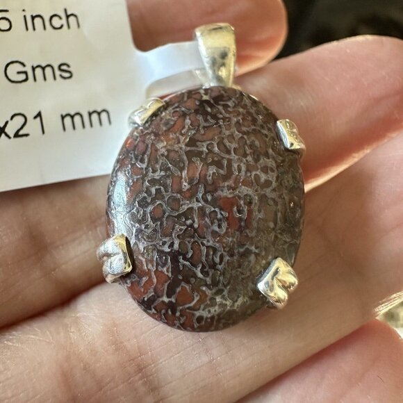 Pendant 1.2" Dinosaur Bone Gem Agatized Oval‎ 925 Sterling Silver 5.3g NWT - Picture 3 of 5